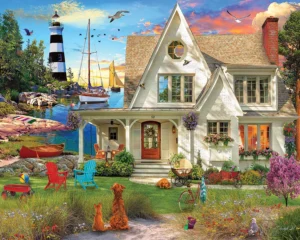 Cozy seaside cottage with lighthouse, sailboats, and garden.