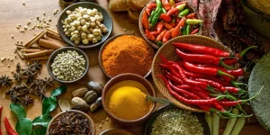 A variety of colorful spices, herbs, and chili peppers on a wooden surface.