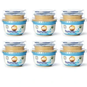 Six containers of Hummustir organic Mediterranean hummus.