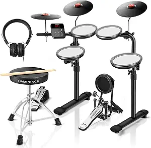 Complete electronic drum kit with multiple drum pads,