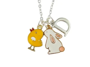 Silver necklace with chick, bunny, and letter charms.