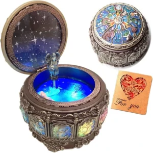 Ornate zodiac-themed music box with LED lights and rotating angel.