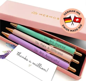 Elegant pastel pens with inspirational messages in a box.