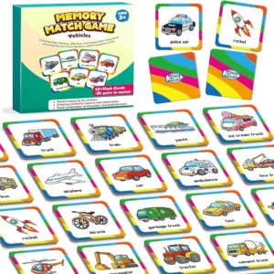 Vehicle-themed memory match game with colorful flash cards.