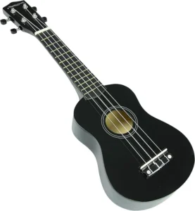 Black soprano ukulele with four strings and a glossy finish.