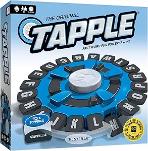 Tapple word game box with alphabet wheel and blue design