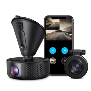 VAVA dual dash cam with smartphone display showing road view.