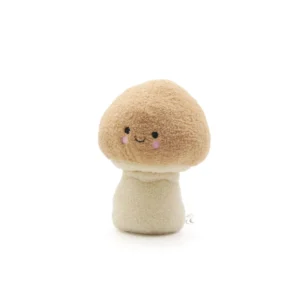 Cute plush mushroom toy with a smiling face.