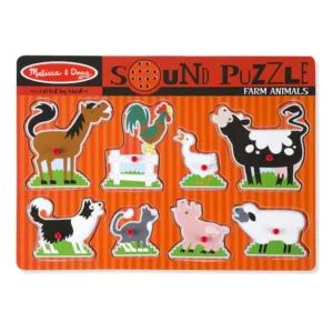 Farm animal sound puzzle with wooden pieces and pegs.