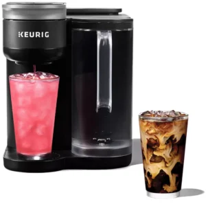 Keurig single-serve coffee maker with iced coffee and drink.