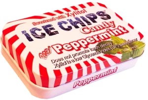 Ice Chips Candy Peppermint flavor tin, sweetened with xylitol