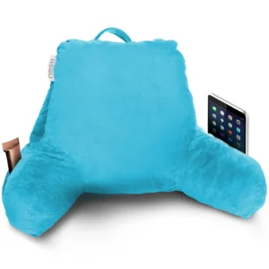 Soft blue reading pillow with armrests and side pockets