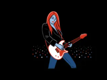 A painting of a lady rockstar performing on stage, holding a guitar in her hand, capturing the energy and passion of the performance