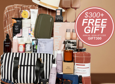 A variety of gifting products, including beauty and wellness items, books, and yoga session vouchers,