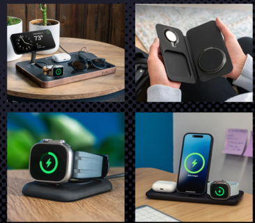 A stylish charging tray designed to charge a smartwatch, phone, and AirPods simultaneously, offering a sleek and organized solution for your devices