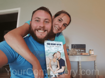 "A couple holding a story-sharing book titled 'Your Comic Story,' showcasing a unique and personal gift idea