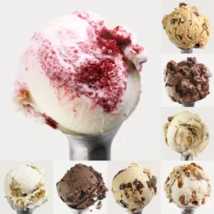 A variety of ice cream scoops, featuring different flavors.