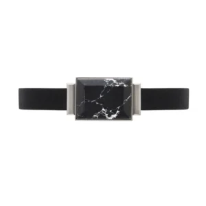 Black smart ring with rectangular marble-style face design.