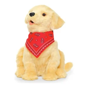 Interactive golden retriever plush toy with a red bandana