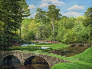 Scenic golf course puzzle featuring Hogan Bridge and greenery.