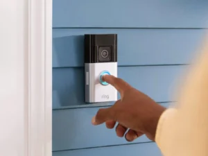 Smart video doorbell with camera and blue ring button