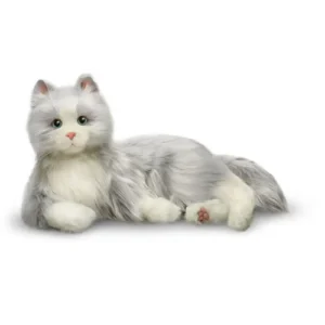 Silver and white interactive companion cat lying down